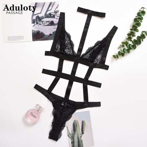

new womens lace cut-ou harness teddy bodysuit lace no steel ring bra hang neck underwear thong one-piece lingerie set, Black;white