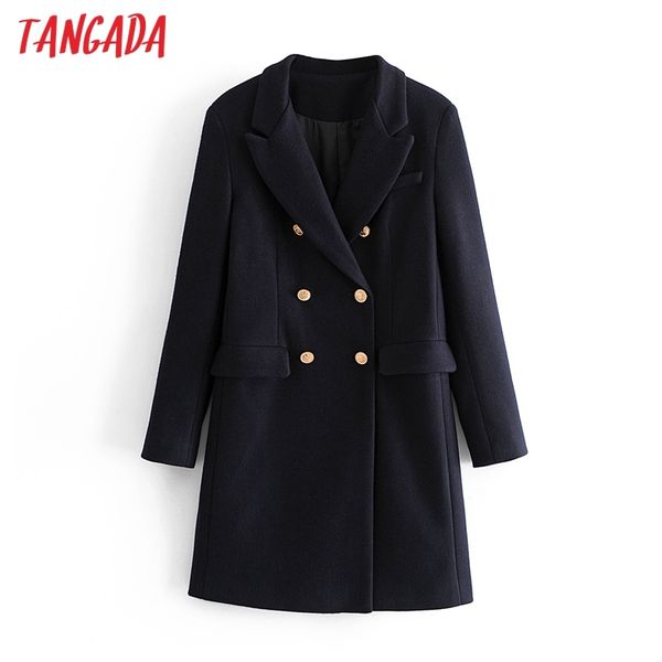 

women winter thick navy vintage wool coats double breasted long sleeves pocket ladies overcoat 3w33 210416, Black