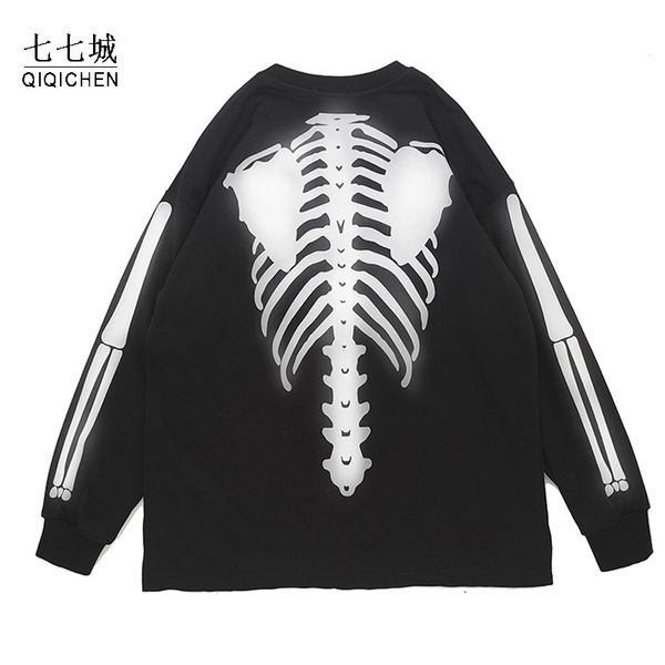 

skeleton bone print sweatshirt men reflective glow hip hop pullover women streetwear harajuku casual oversized punk hoodies, Black