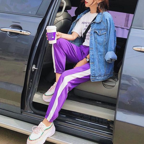 

women's pants & capris fashion women loose striped harem casual sweatpants korean style trousers streetwear black purple pink zc01, Black;white