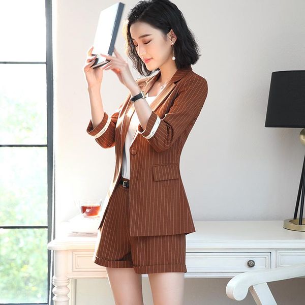 

women's suits & blazers spring suit fashion three-piece 2021 striped small jacket short leisure pant, White;black