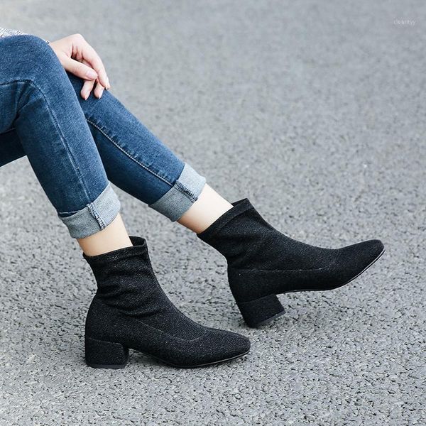 

boots flash silver sequins short bling women square toe ankle fashion female winter autumn shoes warm solid elegant1, Black