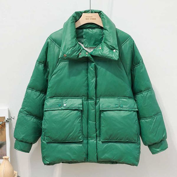 

cotton down plus size parka stand-up collar jacket women glossy white duck zipper coat 210531, Black