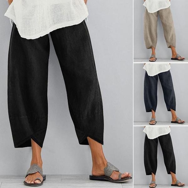 

vintage harem casual solid women capri color elastic waist linen wide leg trousers summer plus size loose comfortable, Black;white