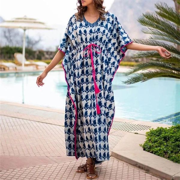 

women's swimwear blue cotton bohemian summer dress beach cover up plus size embroidered beachwear tunic for kaftan robe plage kimono, White;black