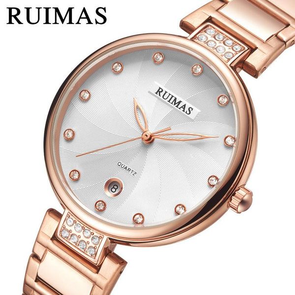 

wristwatches ruimas brand ladies watches luxury simple fashion diamond waterproof steel band calendar quartz watch female, Slivery;brown