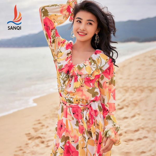 

sanqi female split swimsuit open back summer printed ruffled triangle bikini spring swimwear three-piece suit swimming one-piece suits