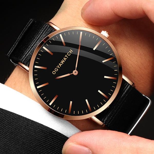 

wristwatches mens watch nylon ogyawatch simple relogio masculino saati luxury sports quartz-watch leather strap wristwatch relojes hombre, Slivery;brown