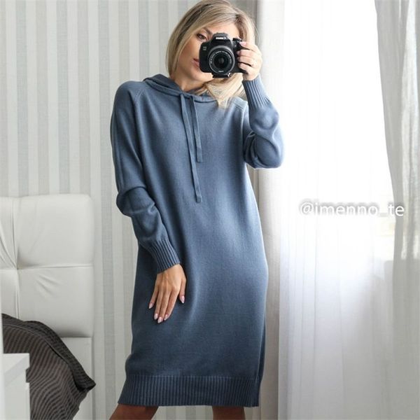 GIGOGOU Mit Kapuze Frauen Lange Strickpullover Kleid Herbst Winter Warme Gerade Kleid Lose Beiläufige Pullover Tunika Kleider Femme Pull 211221