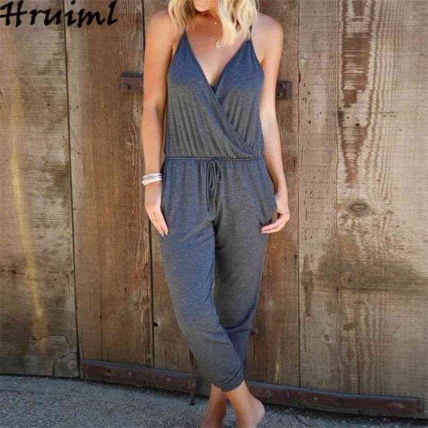 Casual Mulheres Jumpsuit Spaghetti Strap Deep V Neck Sem Mangas Estranhas Sólidas Sorridas Playsuits Loose tornozelo-comprimento Calças High Street 210513