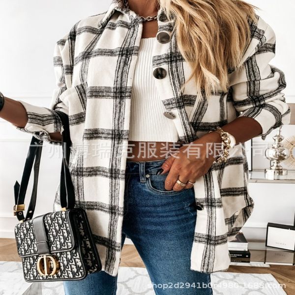 

2021 women's shirt ins autumn and winter new fashion plaid tweed coat, White;black