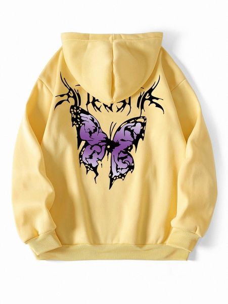 

butterfly print thermal lined kangaroo pocket drawstring hoodie g73k#, White;black