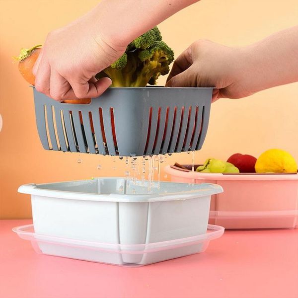 

storage baskets double-layer drain basket lid refrigerator crisper multifunctional square large washing vegetable kitchen fruit