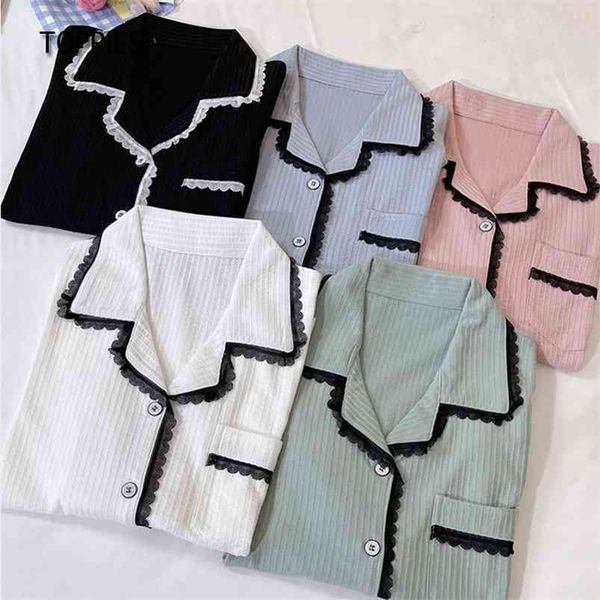 

spring lace spliced cotton pajamas set for women sleepwear long sleeve shirts and pants elastic waist loungewear 210421, Black