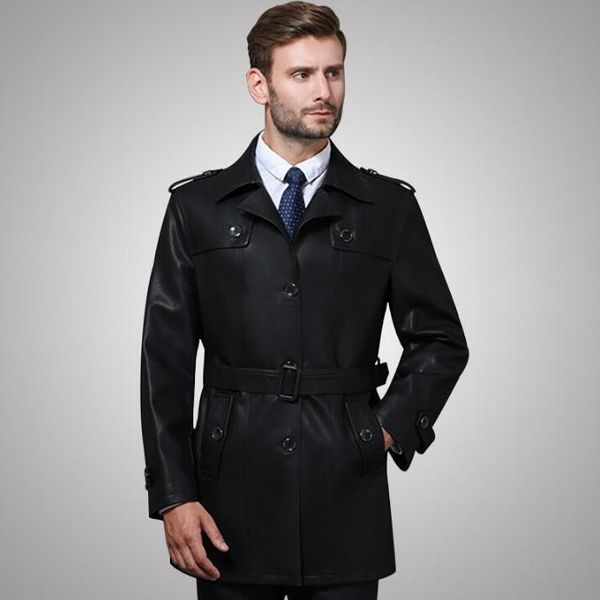 

men's fur & faux 2021 male business casual plus velvet outerwear mens long sheepskin lapel trench coat winter men genuine leather jacke, Black