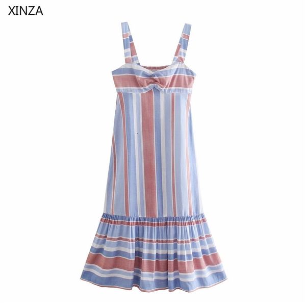 

casual dresses women striped linen long summer sleeveless straps backless ruching chic elastic ruffle hem party vl6a, Black;gray