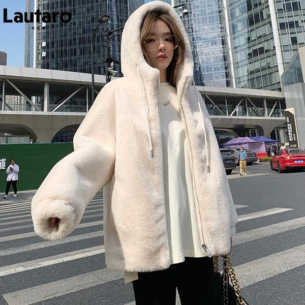 

women's fur & faux lautaro winter white oversized warm soft coat women with hood long sleeve zip up loose fluffy jacket korean fashion, Black