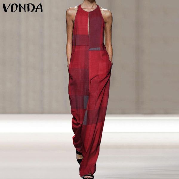 

women's jumpsuits & rompers vonda 2021 vintage sleeveless playsuit summer patchwork women plus size long wide leg pants pantalon femme, Black;white