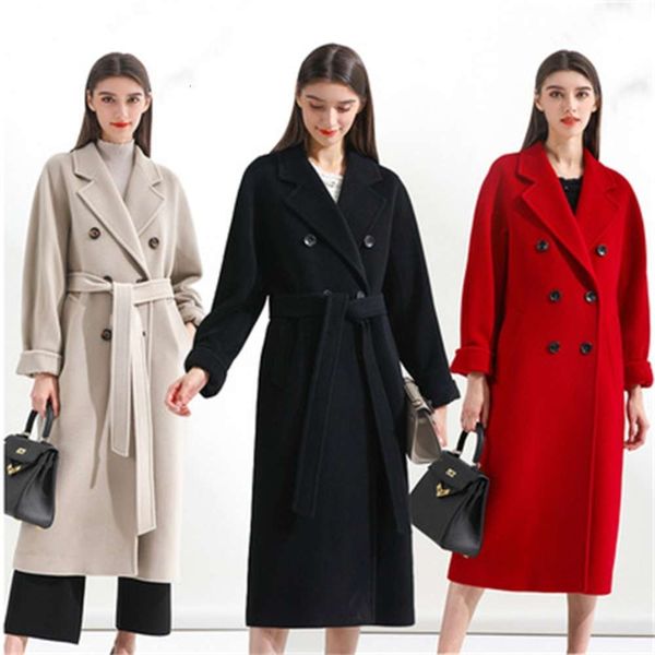 

camel double breasted double-sided cashmere coat women's medium and long wool tweed, Black;brown