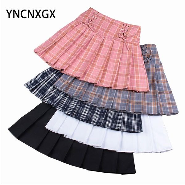 

skirts summer skirt women pleated high waist straps plaid college style, Black
