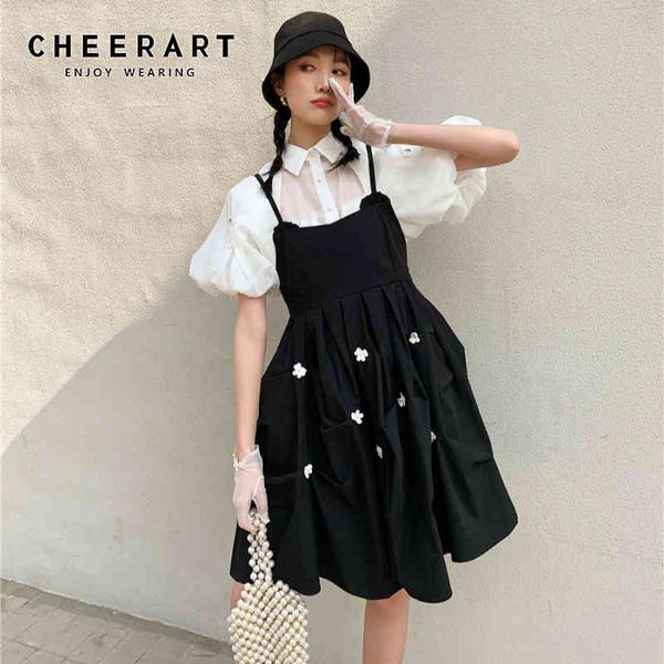 

black spaghetti strap dress spring daisy floral applique blackless ruched women korean kawaii clothes 210427, Black;gray