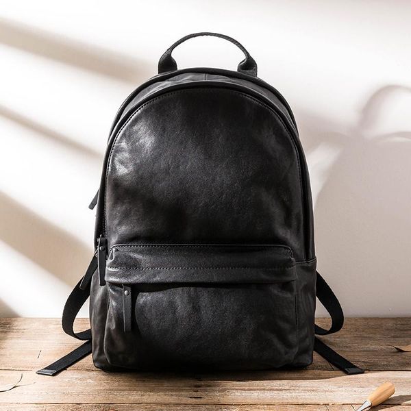 

backpack simple casual desig natural genuine leather men black multifunction daily outdoor travel work office lapschool bag