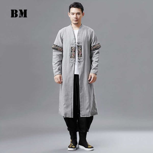 Männer Herbst Trenchcoat Baumwolle Leinen Longline Langarm Jacke Chinesische Frosch Knöpfe Outfit Mantel mit Taschen 211011