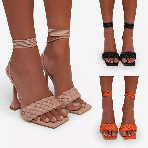 

high heels stiletto women low cut orange apricot black summer solid color braided square toe fashion sandals
