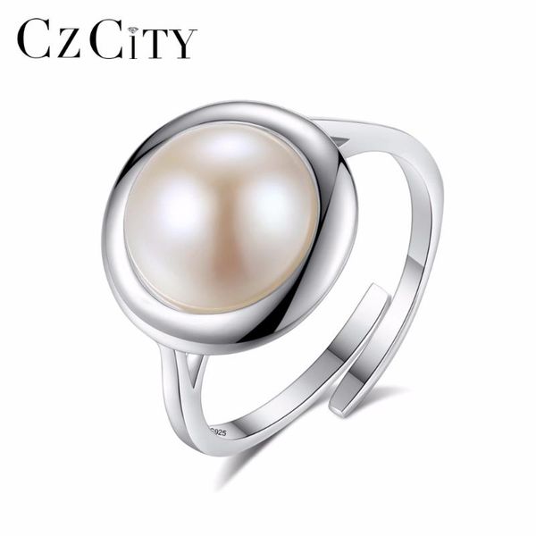 

cluster rings czcity 925 sterling silver female 10-10.5mm big freshwater white natural pearl women jewelry ring size resizable wholesale, Golden;silver