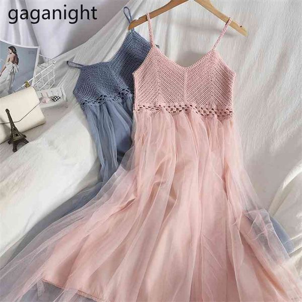 

women dresses korean solid knitted patchwork mesh summer hollow out spaghetti strap midi beach vestidos 210601, Black;gray