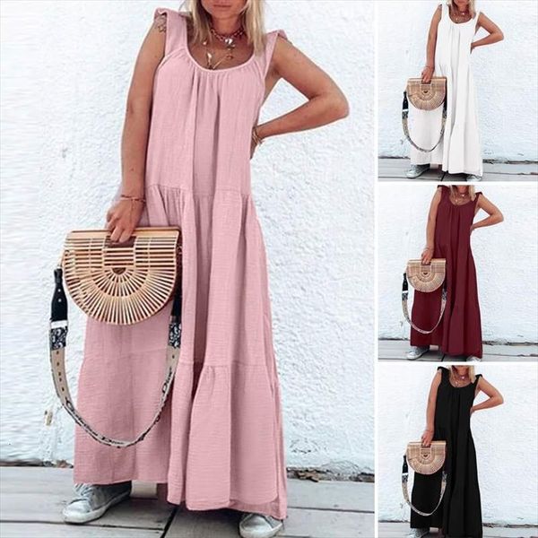 

summer sundress zanzea bohemian womens dress solid ruffle casual beach maxi vestidos female o neck tank robe, Black;gray