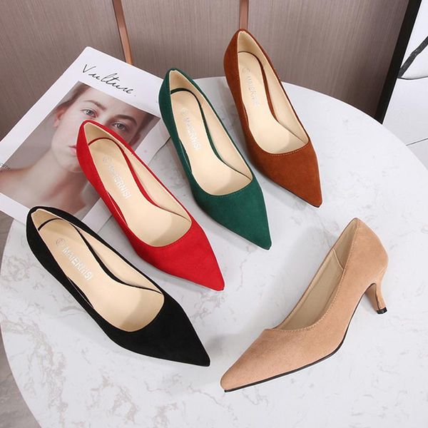 

dress shoes women's high heel pumps girl stiletto 5cm flock professional suede black pointed heels daily work large size 35-46