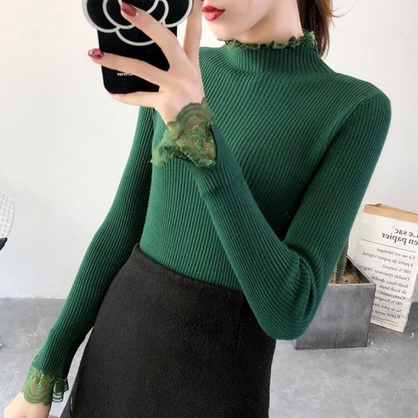 

women's sweaters women knitted pullover turtleneck lace patchwork autumn winter lady pullovers, White;black