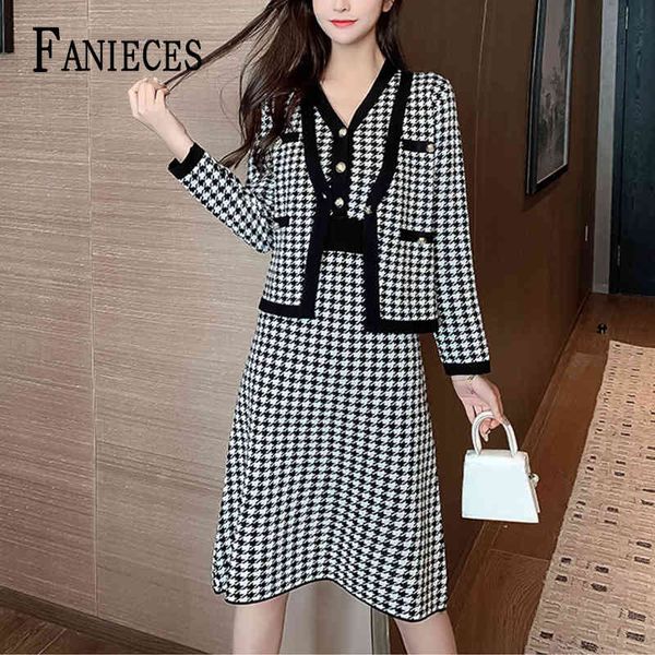 Büro Dame Casual Plaid Print Zwei Stücke Hose Set Herbst Frauen Langarm Button Top Kurze Jacke + Kleid Anzüge passenden 210520