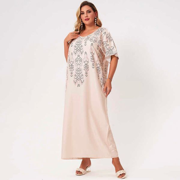 

casual dresses summer women 2021 apricot v-neck short sleeve loose plus size retro geometric printing comfortable long robe ay4e, Black;gray