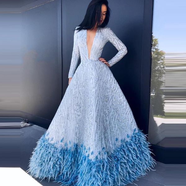 

party dresses light blue beaded long dress a-line with feathers deep v-neck sleeves women sparkly rochii de seara, White;black