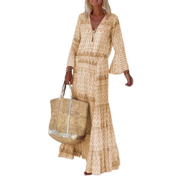 

women's swimwear 2021 women spring summer elegant long dress fashion boho geometric print party v neck flare sleeve maxi, White;black