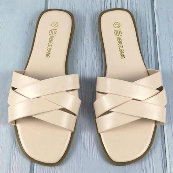 

summer slipper weaving pu leather women slides solid fashion crossing beach shoes woman for outside flat with footwear wholesale slippers, Black