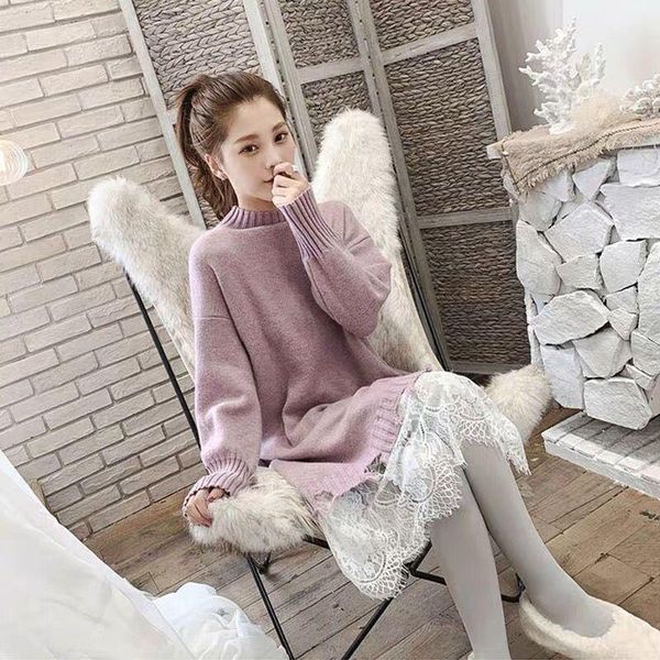 

casual dresses women 2021 spring autumn thick warm sweater dress female half turtleneck knitted long sleeve lace patchwork vestido g714, Black;gray