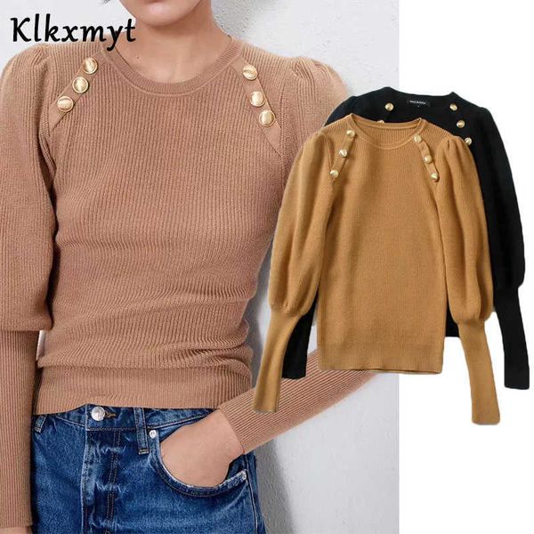 

klkxmyt za sweaters women fashion metal buttons knitting sweater vintage o neck long sleeve female pullovers chic 210527, White;black