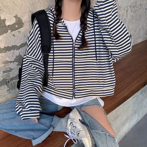 

women's hoodies & sweatshirts korean style zip up women for girl vintage stripe long sleeve oversized hooded sweatshirt jacket casual, Black