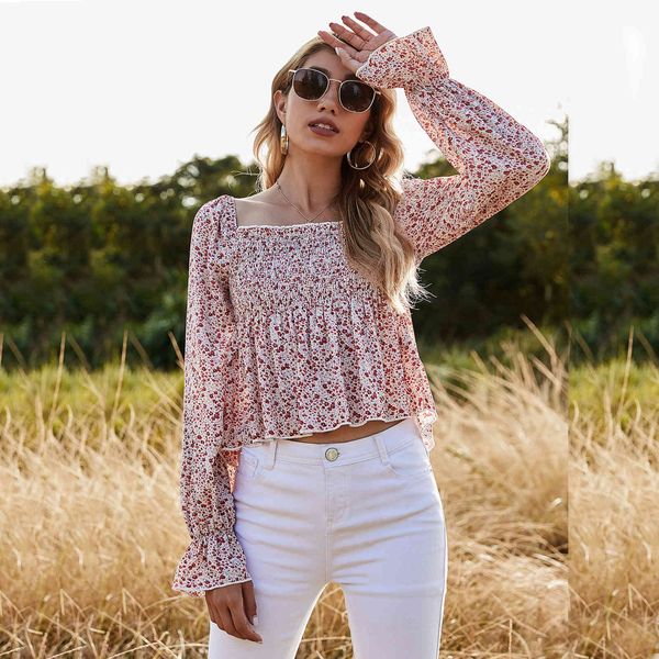 

spring slash neck lantern sleeves thin loose pink printing casual pullover women's shirt 210524, White