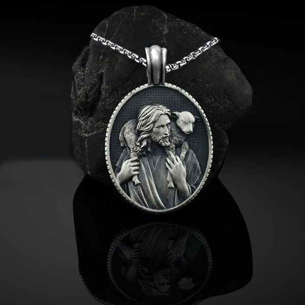 

2021trend new arrival christian jesus shepherd dog pendant catholic religious style men's necklace stainless steel sweater chain, Silver