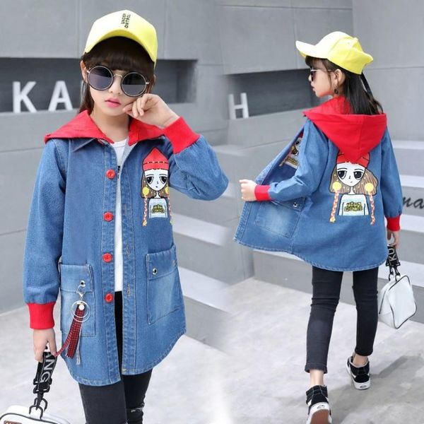 

denim trench for girls hooded lovely girl print teenager child coat kids children windbreaker costume, Blue;gray