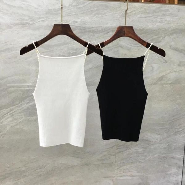 

women's tanks & camis 2021 women pearl strap knitted vest spring summer ladies slim stripes knitwear sling tank female, White