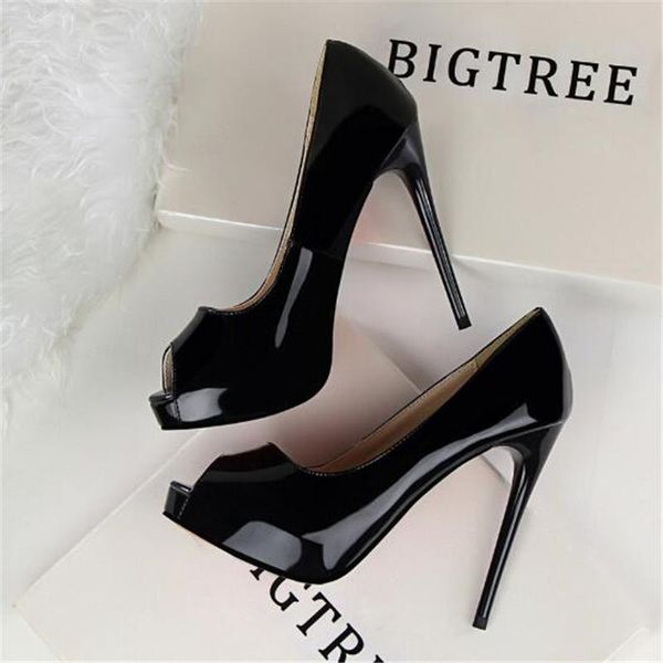

dress shoes peep toe concise patent leather women pumps ol office fashion platform high heels women's party shallow 698, Black