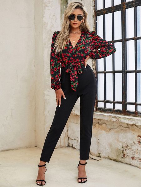 

floral print lantern sleeve overlap collar belted jumpsuit e9hk#, White