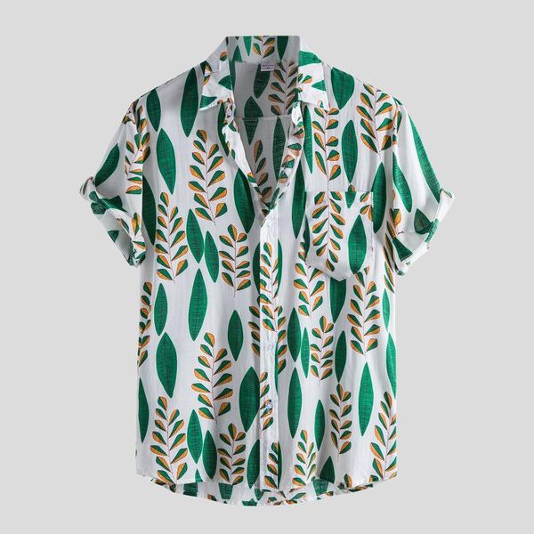 

men's casual shirts hawaiian for men fashion leaves print short sleeve button breathable turn-down shirt blouse camisas de hombre, White;black