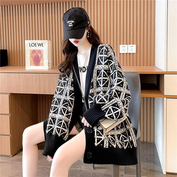 

women's knits & tees dayifun oversized cardigan geometric print v-neck sweater knit casual loose jumper korean fashion coat long sleeve, White