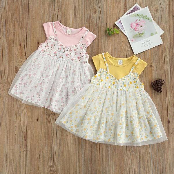 

girl's dresses breathable little girls dress summer children creative floral printing sleeve false two pieces mesh splicing princess sk, Red;yellow